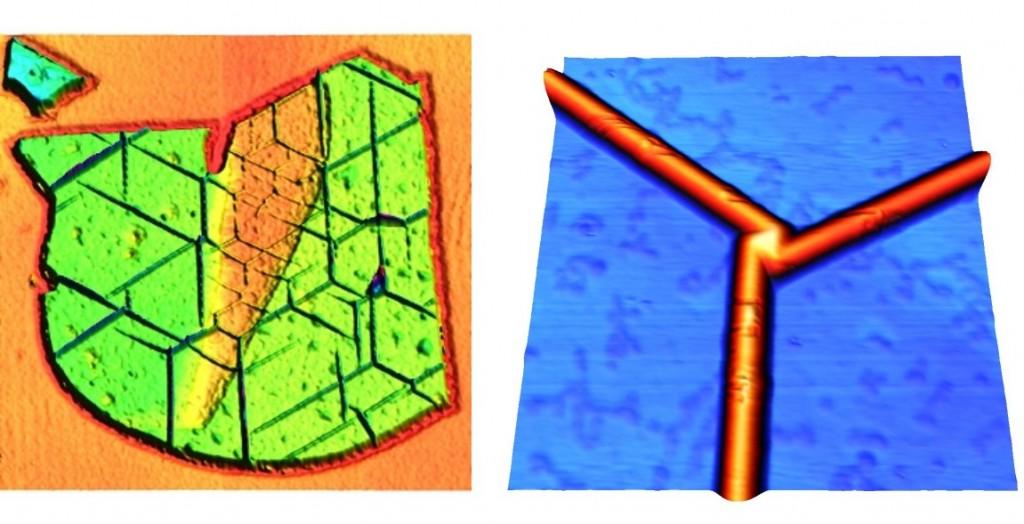 Imagens de AFM de: um floco de h-NB de 10 nm de espessura após o tratamento térmico apresentando um padrão de dobras.